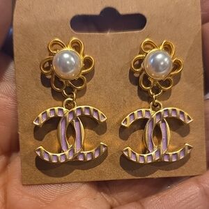 Gold and Purple Earrings with Pearl Accents